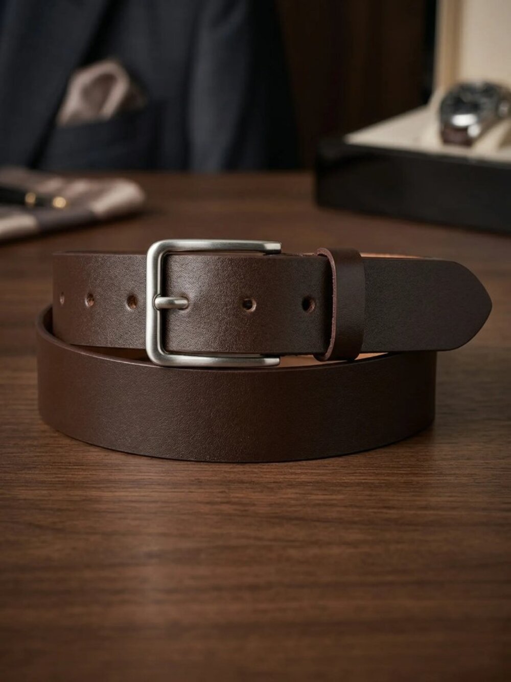 Men Genuien Leather Casual Jeans Belt wirh Heavy Silver Buckle